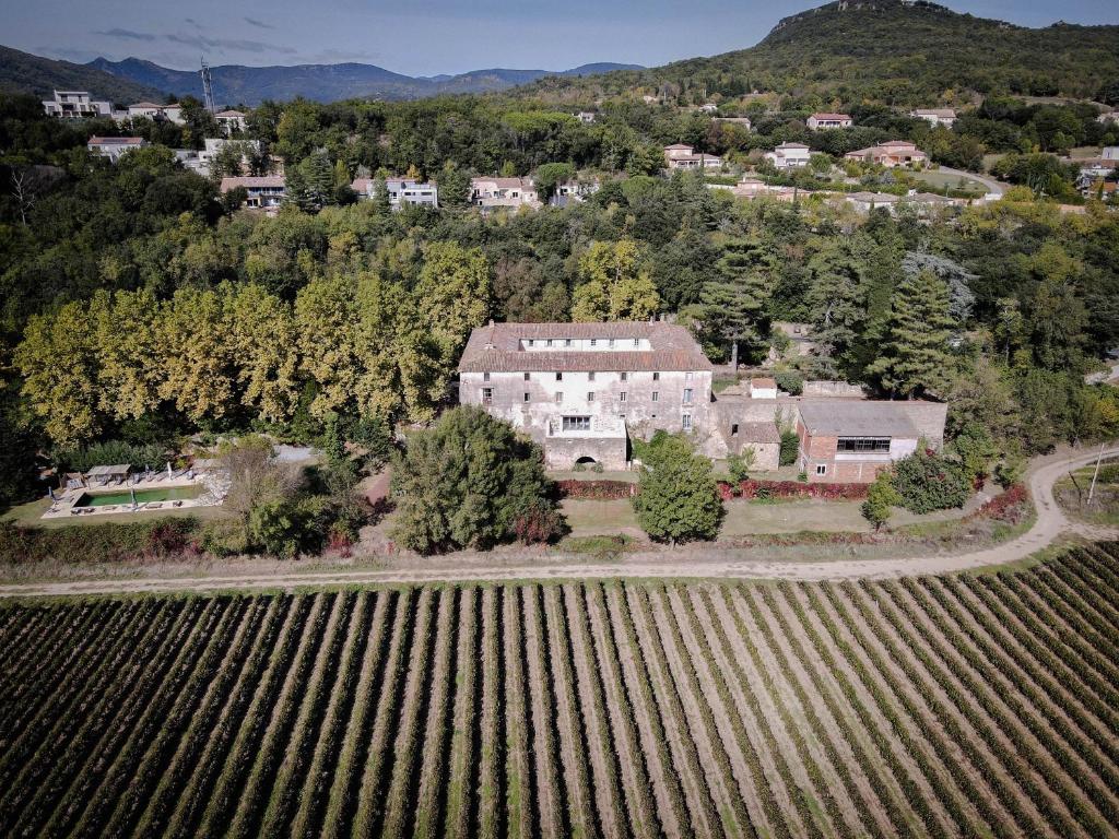 - une vue aérienne sur une maison et un vignoble dans l'établissement Domaine de Coubillou, à Lamalou-les-Bains