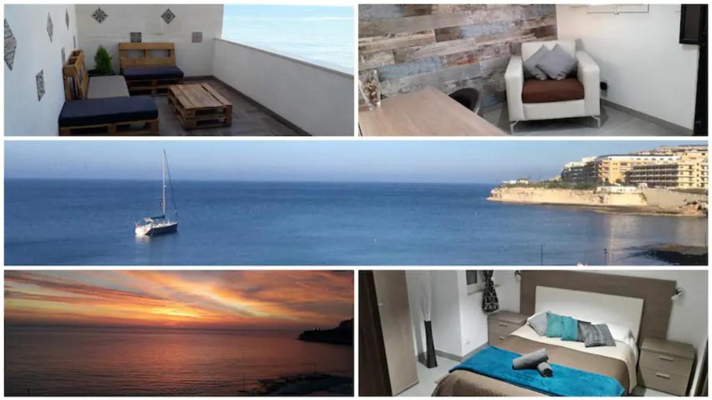 a collage of photos of a bedroom with a view of the ocean at Serenity Sea-view Maisonette in Marsalforn