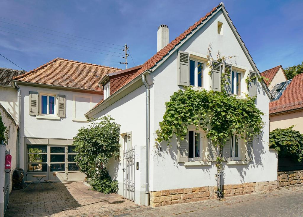 een wit huis met klimop op de gevel bij Ferienhaus CASA PI mit Garten bis 4 Erw. 2 Kinder in Forst