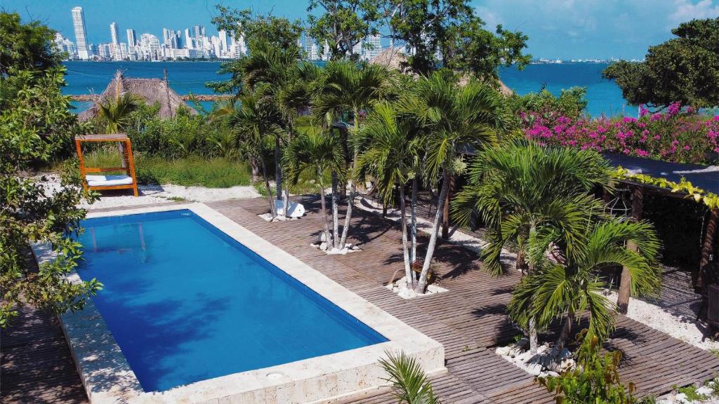 a swimming pool with palm trees and a view of the city at AMALIFE Beach Club & Hotel in Tierra Bomba
