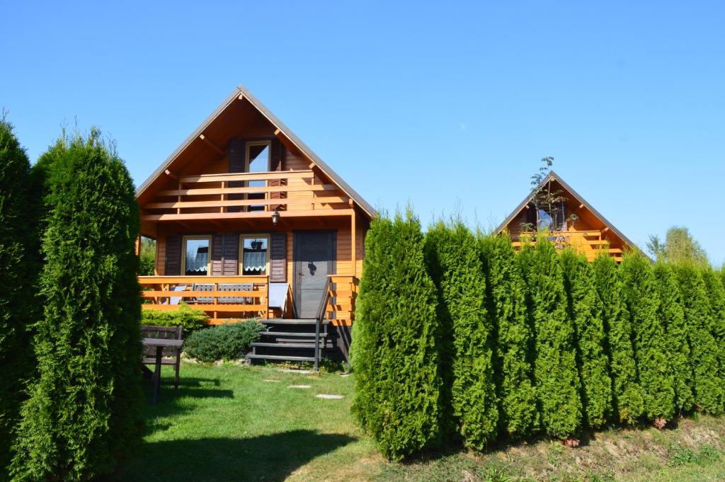 a house with a hedge in front of it at Domki Pod Lasem in Polańczyk