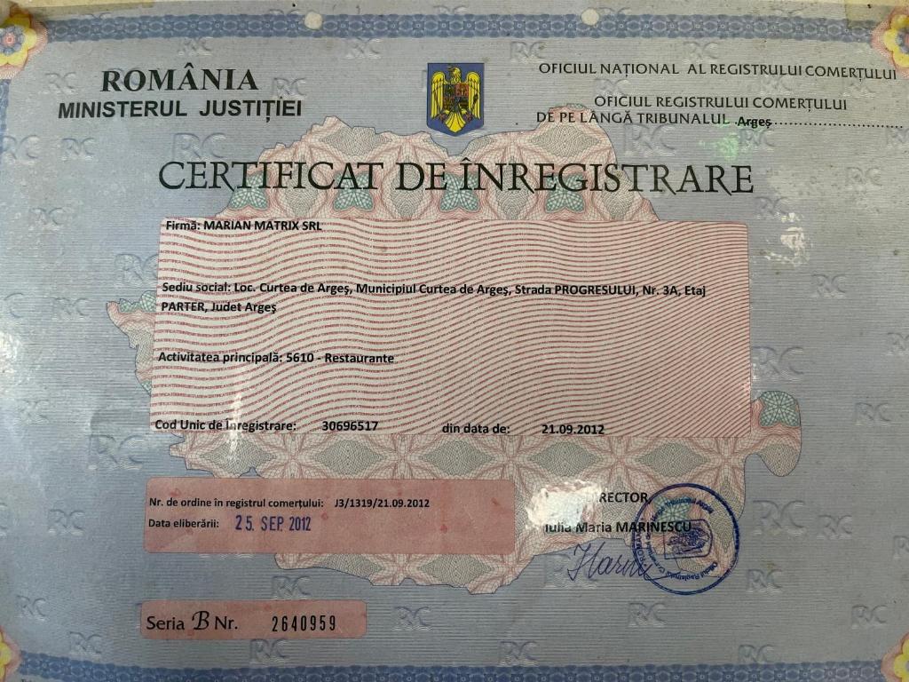 Certifikát, hodnocení, plakát nebo jiný dokument vystavený v ubytování Pensiune Matrix