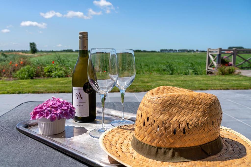 a hat and two wine glasses on a tray with a bottle of wine at B&B De Hemelse Polder in Sint-Laureins