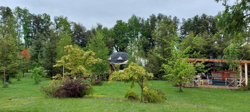 a yard with a house in the background with trees at Tierra de Domos in Villarrica
