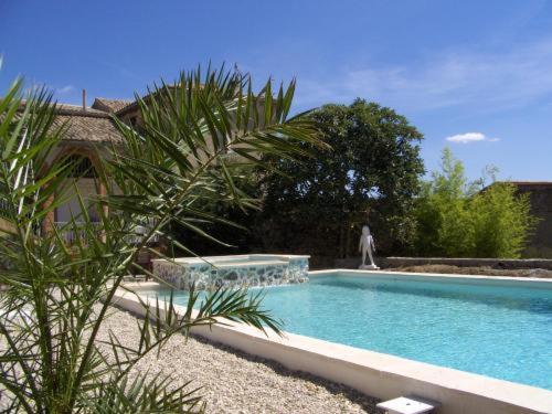 una piscina con una persona caminando por el fondo en Le Clos des Arts, en Les Mages