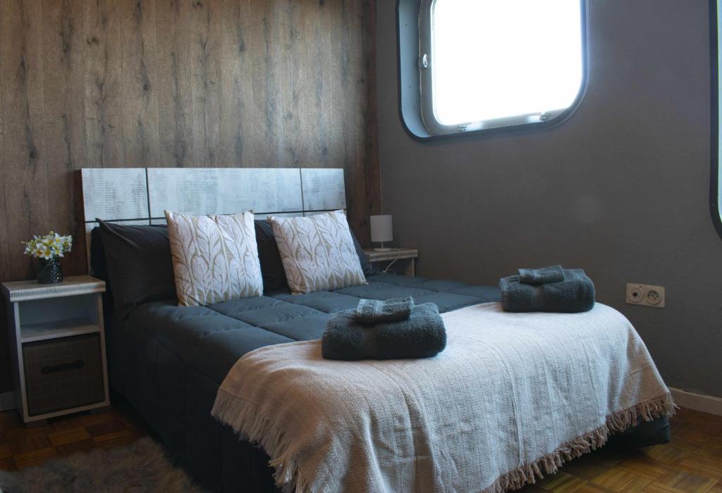 um quarto com uma cama com duas almofadas em Estudio Estación Manzaneda em Puebla de Trives
