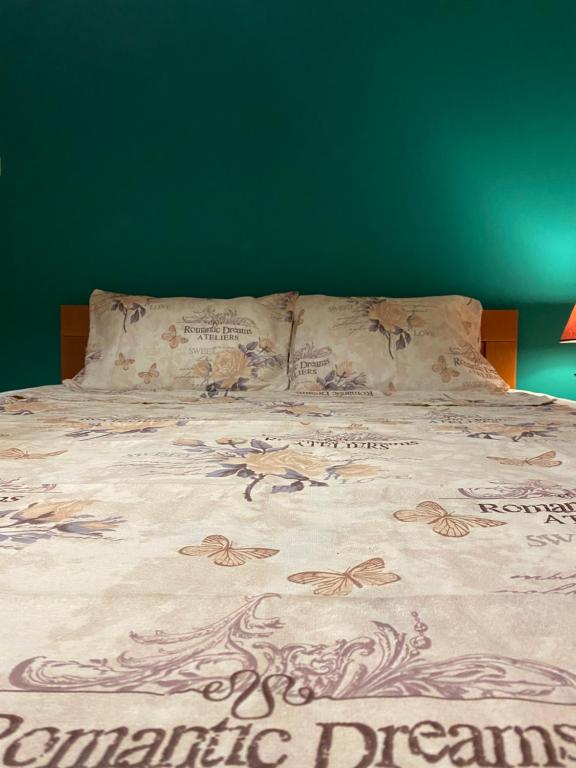 una cama con una manta con una pared verde en Ivy Apartment, en Vrnjačka Banja