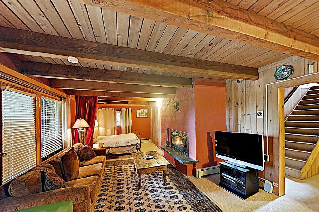 スノーマス・ビレッジにあるWood Road Houseのソファとテレビのあるリビングルーム