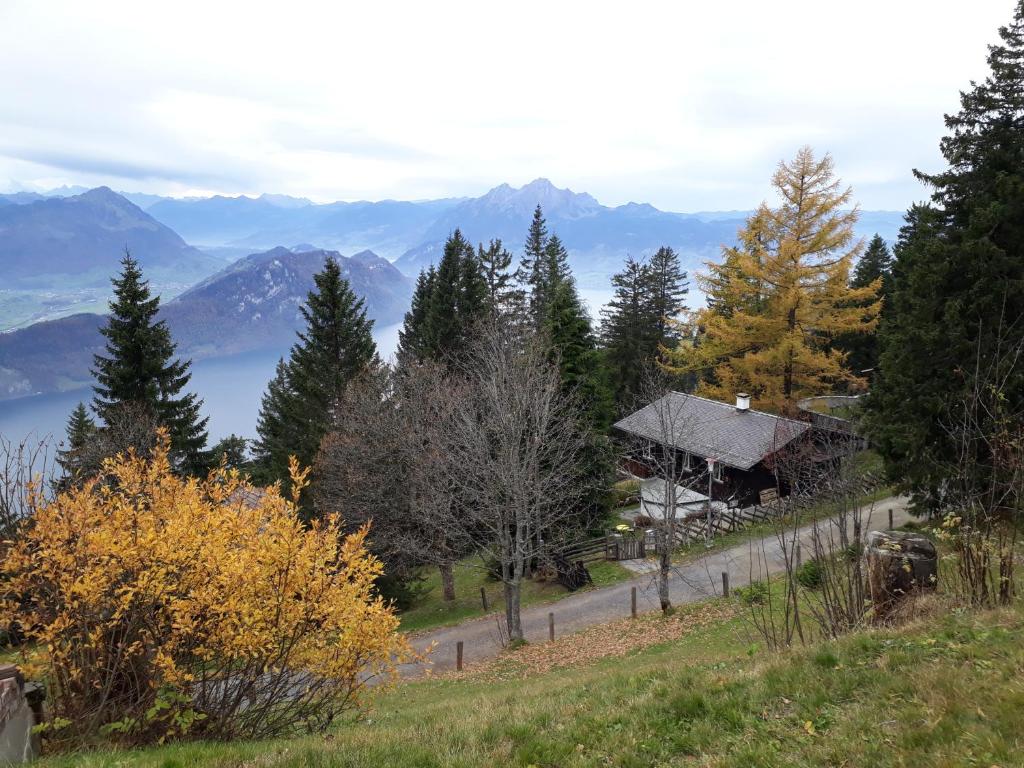 a house on a hill with mountains in the background at Rigirolle in Rigi Kaltbad