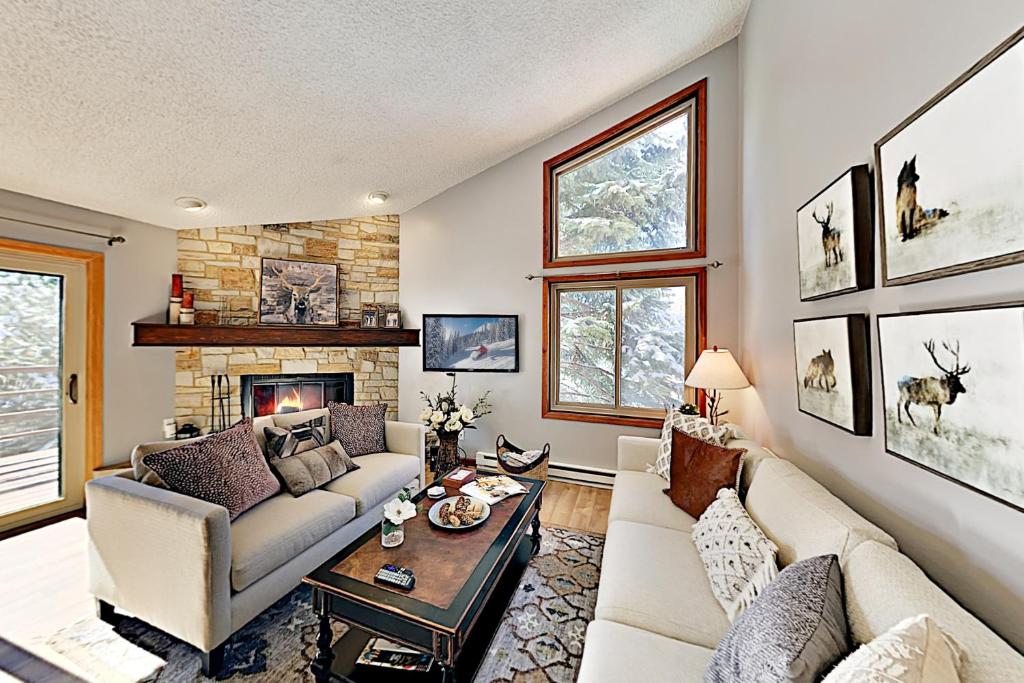 a living room with a couch and a fireplace at Lakeview Townhome Unit A5 in Avon