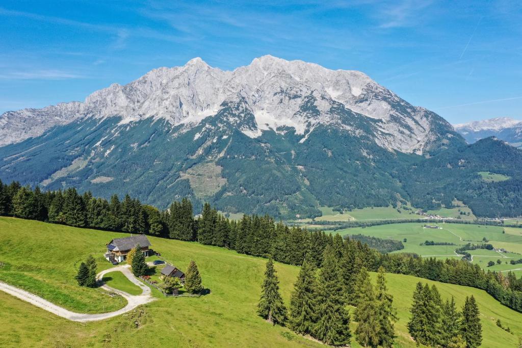 a green hillside with a house and mountains in the background at Buchmann Lehen in Irdning