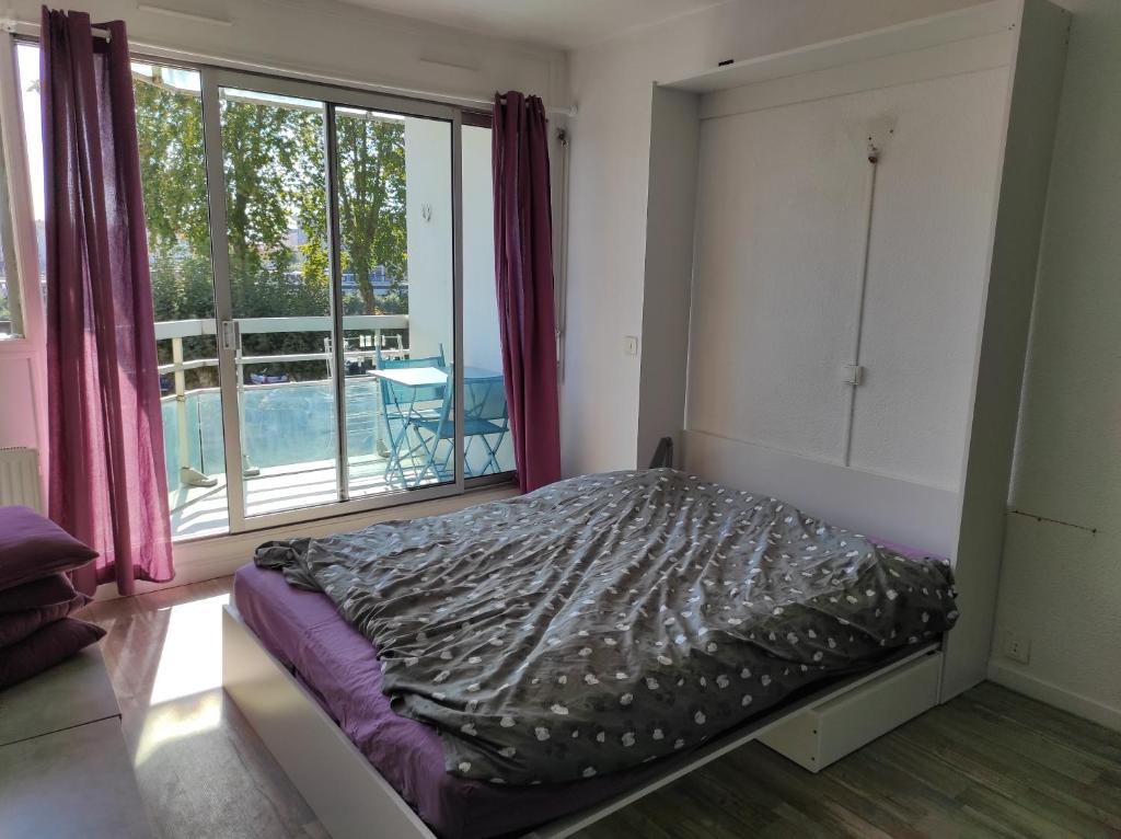 1 dormitorio con cama y ventana grande en joli studio vu sur l adour dans résidence calme, en Dax