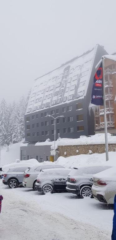 una fila de coches aparcados en un aparcamiento cubierto de nieve en Olimpijska Kuća Jahorina, en Jahorina