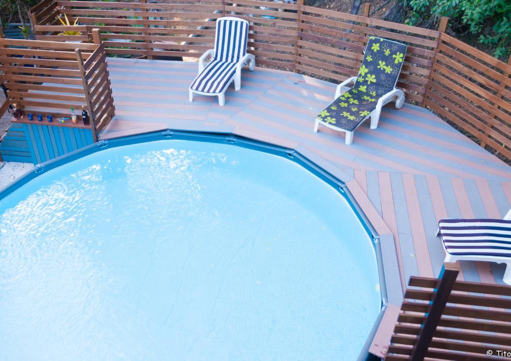 a swimming pool with two chairs and two lawn chairs at Résid’calonne in Le François