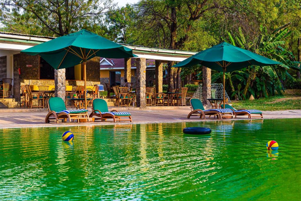 a swimming pool with chairs and umbrellas in the water at Lake Bogoria Spa Resort in Marigat