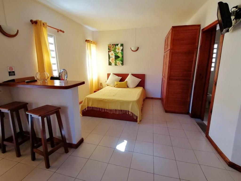 a small bedroom with a bed and a kitchen at Studio with shared pool enclosed garden and wifi at Black River 1 km away from the beach in Rivière Noire