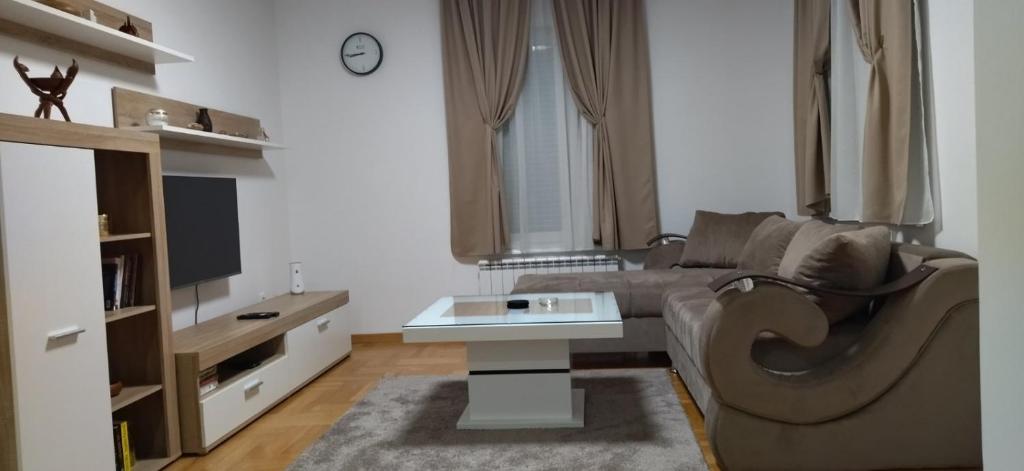 ein Wohnzimmer mit einem Sofa und einem TV in der Unterkunft Apartman Davidović 31 in Valjevo
