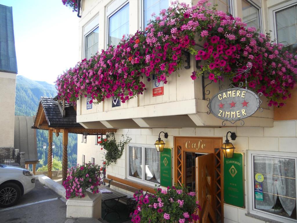 un edificio con flores a un lado. en Albergo Alpino, en Arabba