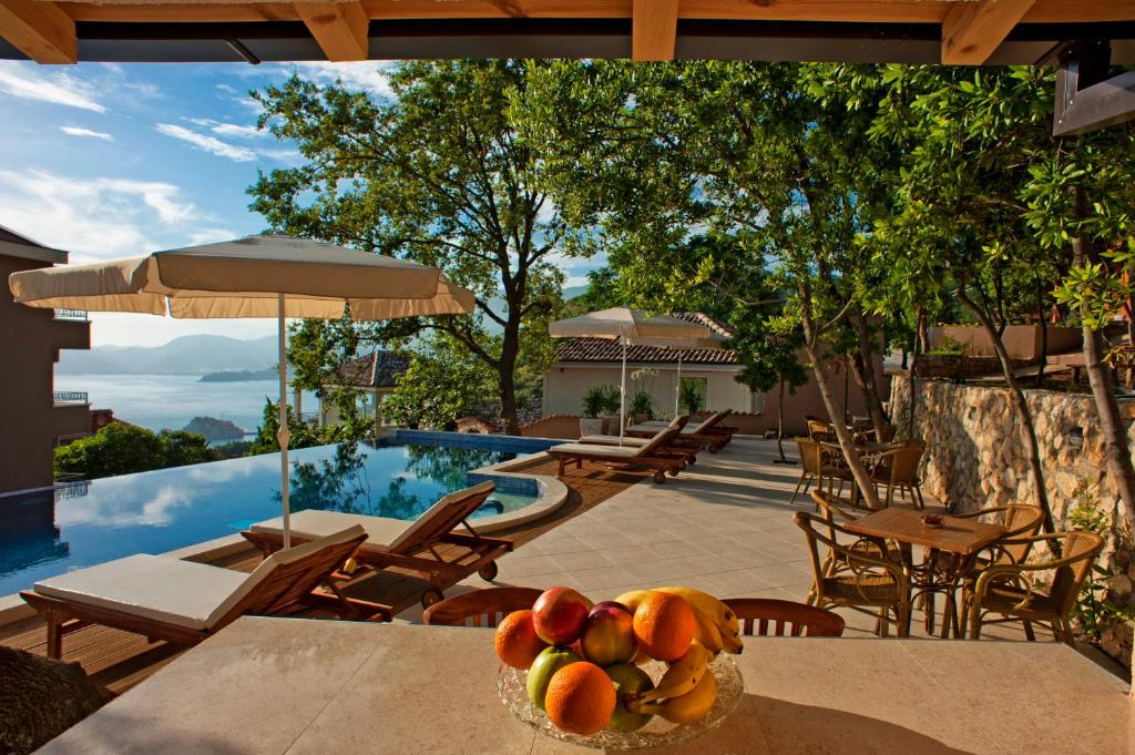 a bowl of fruit on a table next to a swimming pool at Harmonia Bungalows & Pool in Sveti Stefan