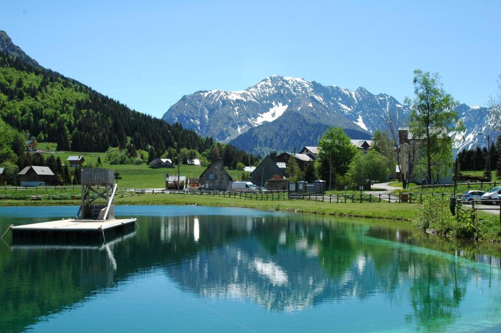 un lac avec une petite île au milieu dans l'établissement Studio 4 pers avec Balcon Alpe du Grand Serre, à La Morte