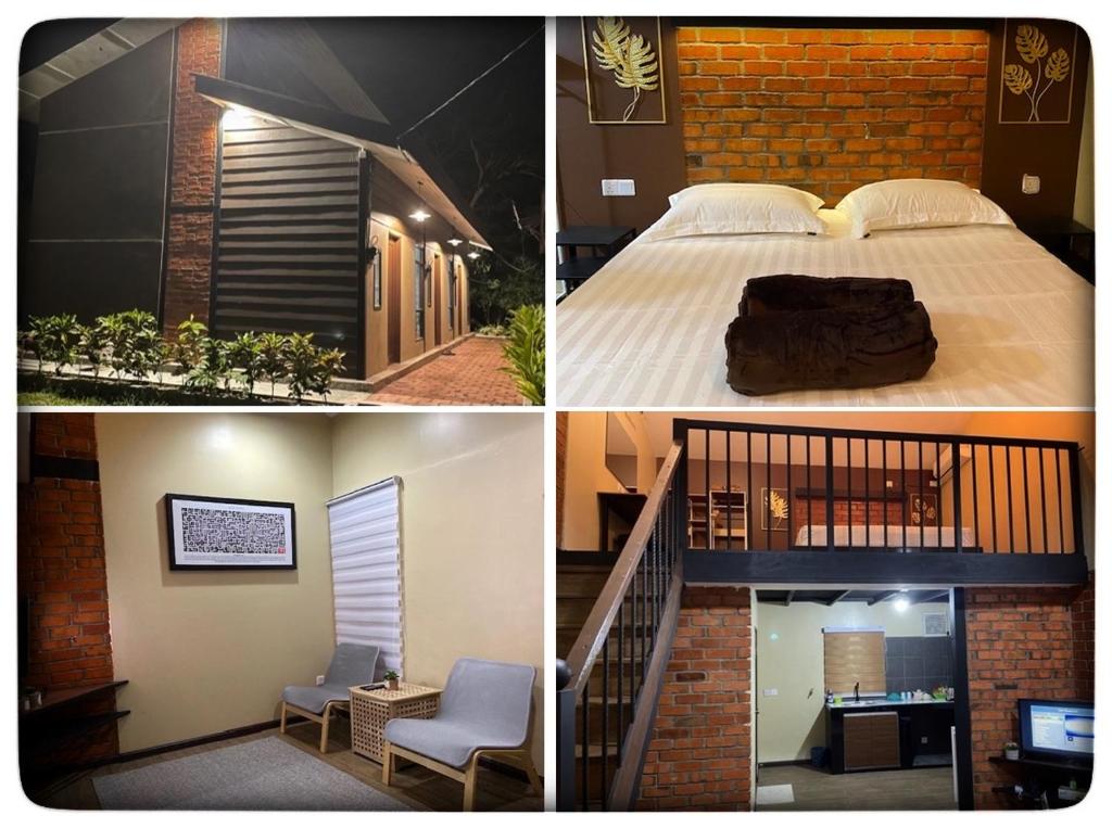 4 fotos diferentes de un dormitorio y una casa en Grand Lodge Langkawi, en Pantai Cenang