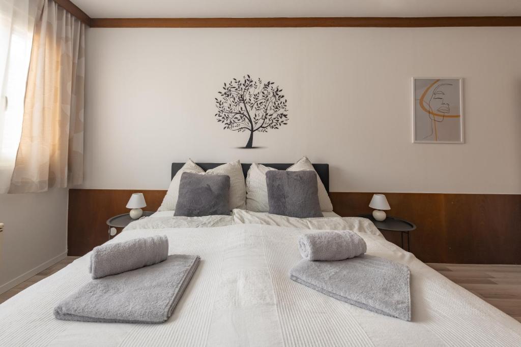 een slaapkamer met een groot bed met 2 kussens bij Wohhhlfühl Appartement im Zentrum Graz in Graz