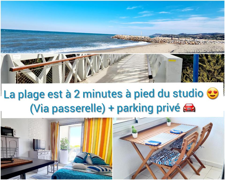 un collage de photos d'une plage et une table à manger dans l'établissement Studio Loggia Plage: 2 min à pied à Port-Argelès, à Argelès-sur-Mer
