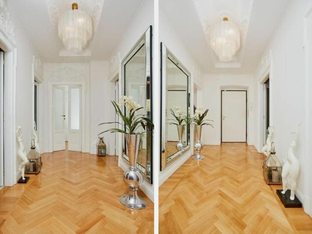 two pictures of a hallway with a mirror and vases at Vallazze Luxury in Milan