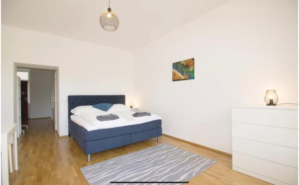 um quarto branco com uma cama e um tapete em Studio-Apartment between Schoenbrunn & the City Center (18) em Viena