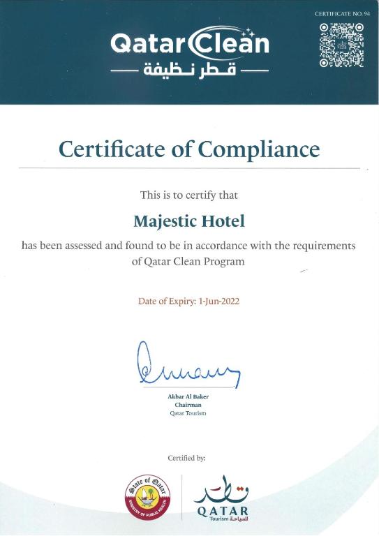 Certifikát, hodnocení, plakát nebo jiný dokument vystavený v ubytování Majestic Hotel