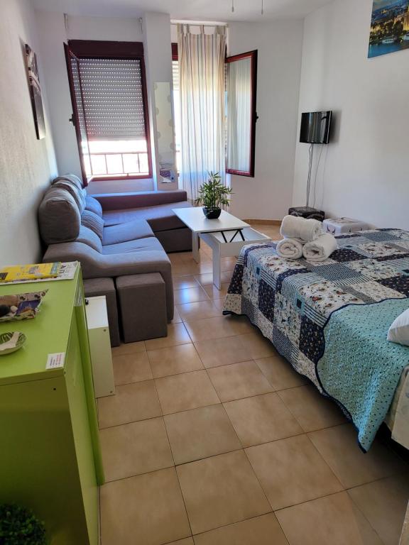 セビリアにあるRINCON de NATI TRIANAのリビングルーム(ベッド1台、ソファ付)
