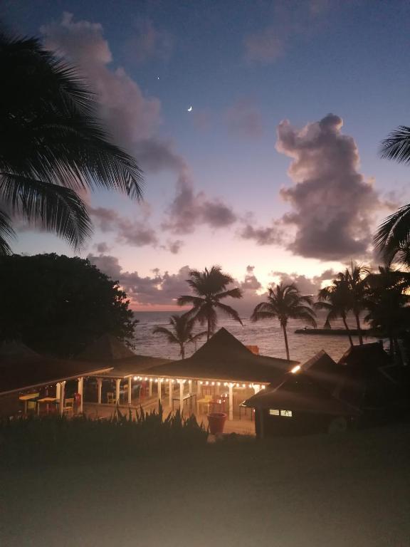a building on the beach at sunset with palm trees at AT HOME studio rénové près de la plage in Sainte-Anne