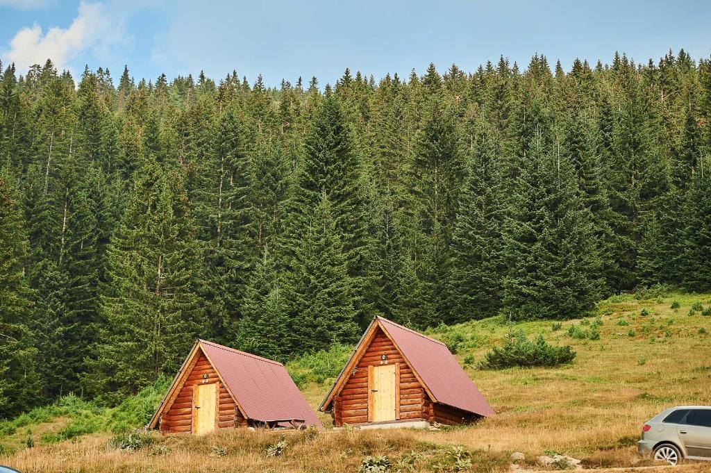 two wooden cabins in a field with a forest at Samel's Cottage Hrid's lake Prokletije in Plav