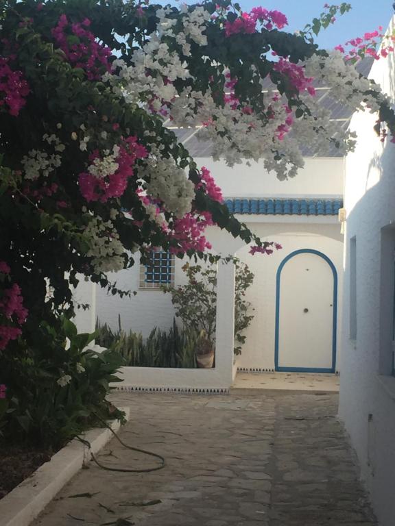 a white building with a blue door and pink flowers at BUNGALOW El HOUDA in Hammamet