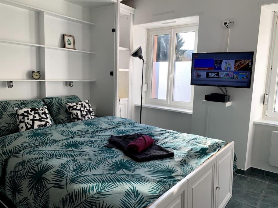 a bedroom with a bed and a tv on a wall at L'Atelier - T1 près de la gare de Mulhouse in Mulhouse