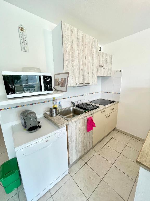 a small kitchen with a sink and a microwave at Charmant T2 À 50m de locéan in Ploemeur