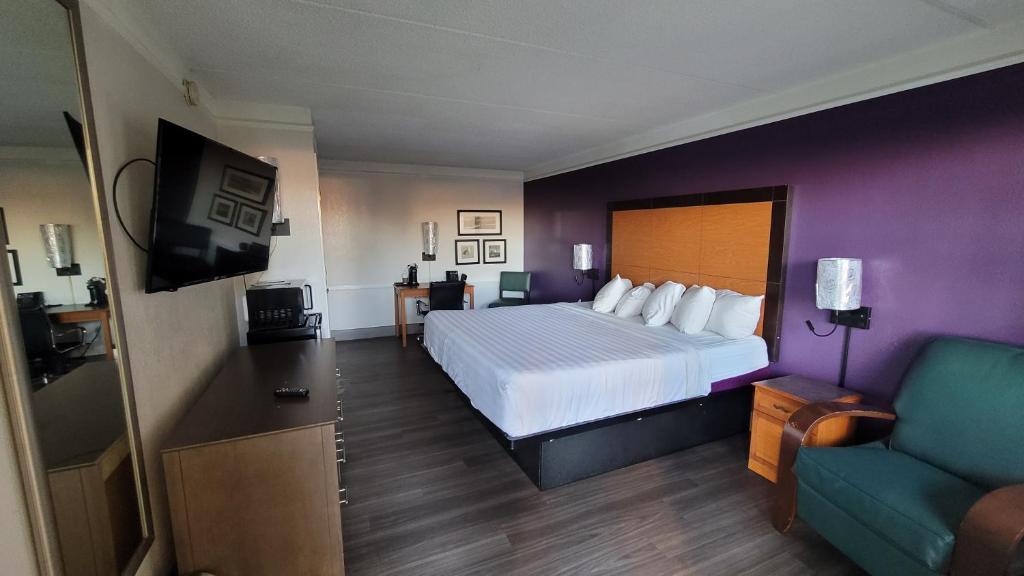 um quarto de hotel com uma cama e um sofá em Hotel Palm Bliss Corpus Christi South em Corpus Christi
