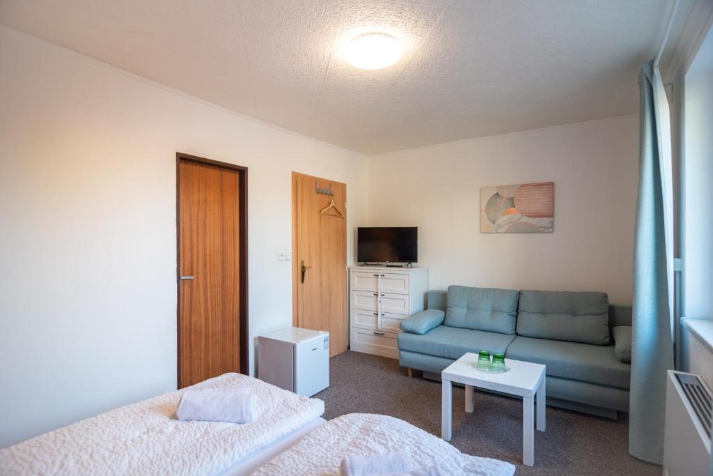 salon z niebieską kanapą i telewizorem w obiekcie Mikulov - Inn - hotel s vinným sklepem Venuše w mieście Mikulov