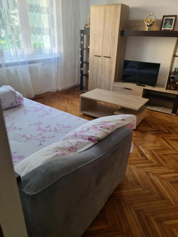 um quarto com uma cama e uma televisão em Apartament Maria em Turda