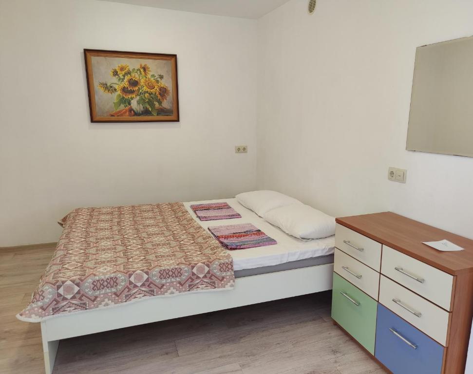 ホスタにあるHoliday home KhostaPalmの小さなベッドルーム(ベッド1台、ドレッサー付)