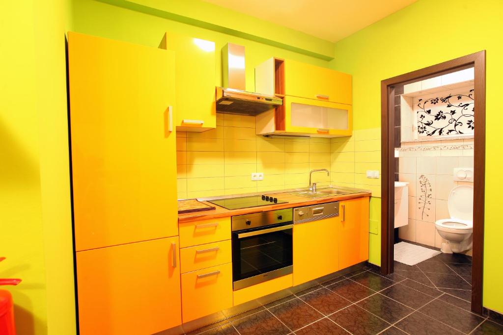 Kuchyň nebo kuchyňský kout v ubytování Apartments Pri Adamsovih