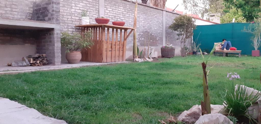 une cour avec de l'herbe verte et une terrasse ornée de plantes dans l'établissement OliWine hostel, à Maipú