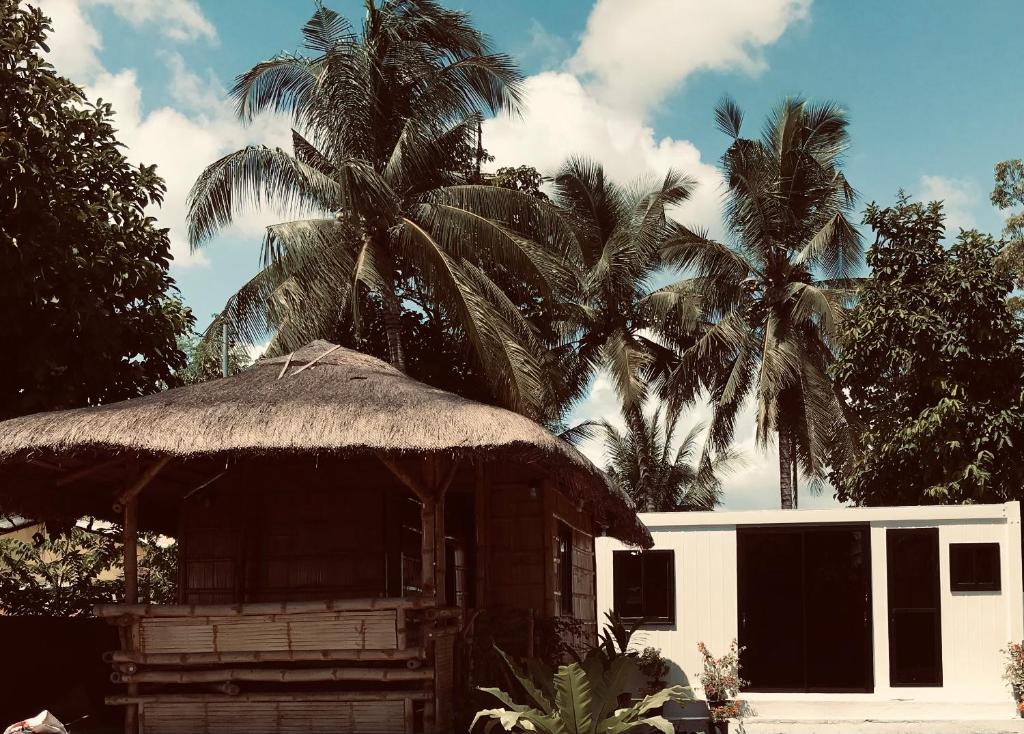 Cabaña con techo de paja y 2 palmeras en Gensan Hostel, en General Santos