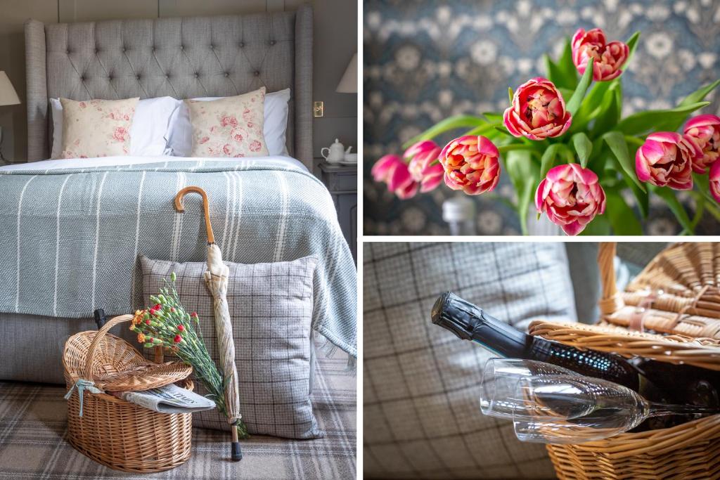 Un dormitorio con una cama y una cesta de flores en The Running Horses en Mickleham