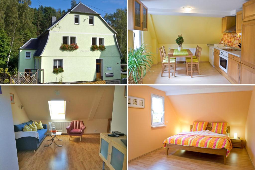 quatro imagens diferentes de uma casa e um quarto em Ferienwohnung Brandmuehle em Bad Schlema