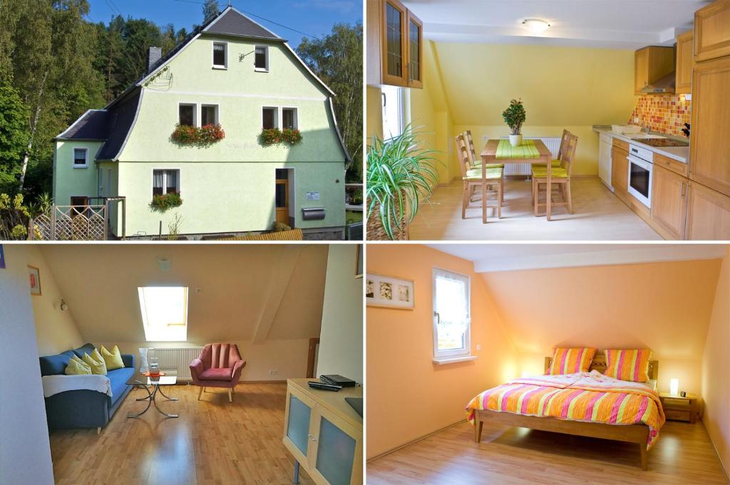 vier verschiedene Bilder eines Hauses und eines Zimmers in der Unterkunft Ferienwohnung Brandmuehle in Bad Schlema