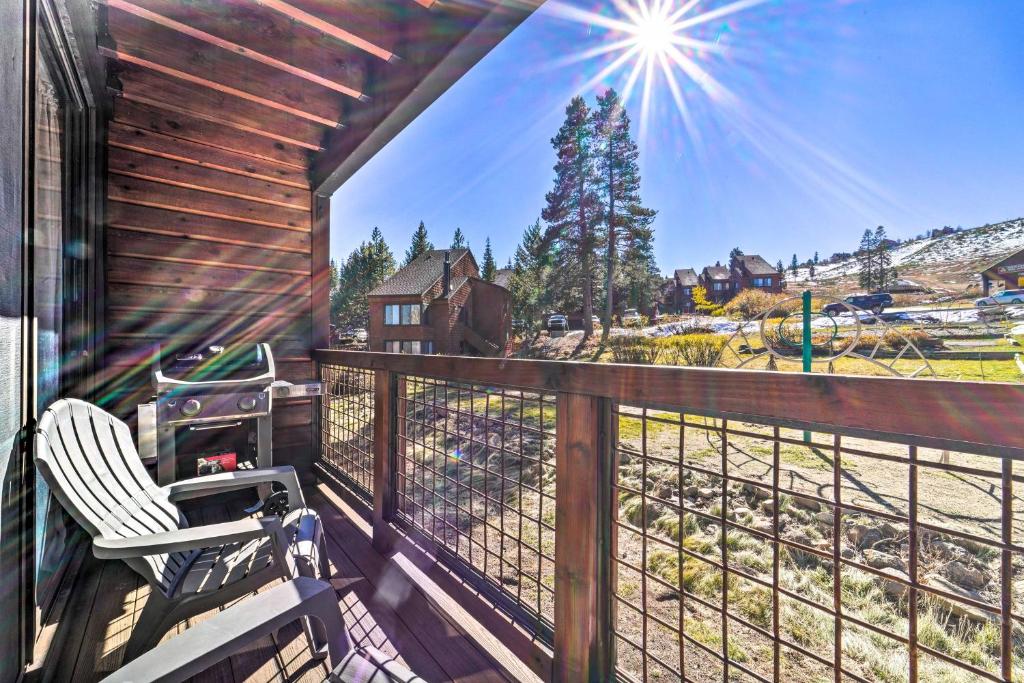 a balcony with a bench and a view of a yard at Tahoe Donner Studio with Private Balcony! in Truckee