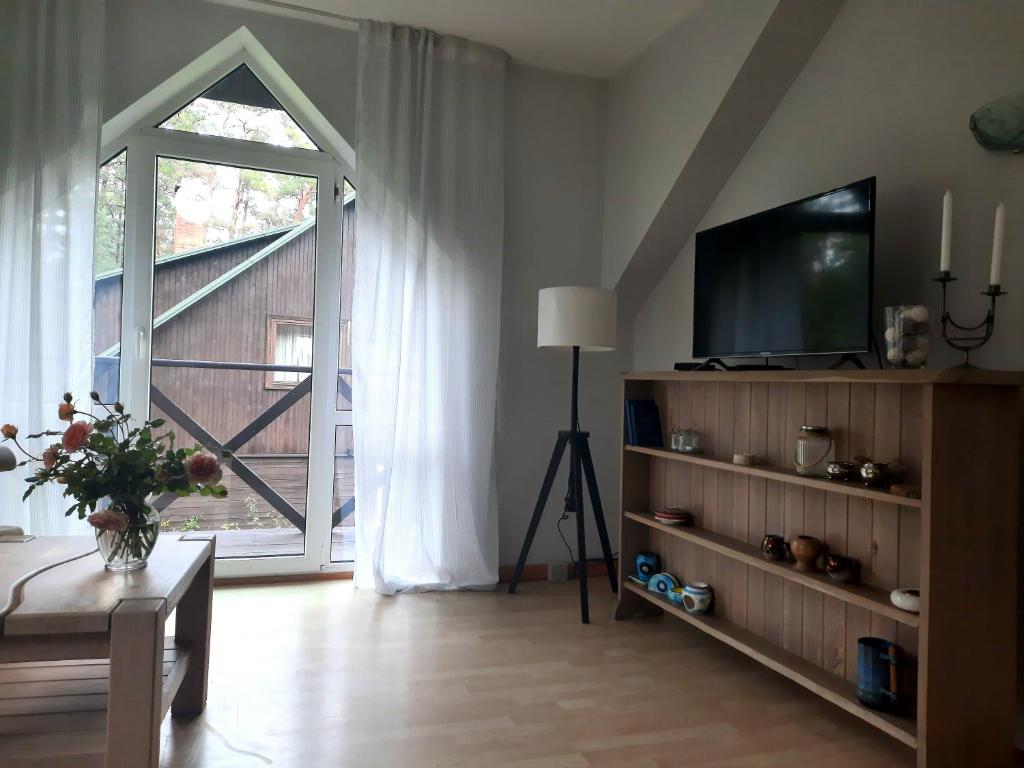 sala de estar con TV y ventana grande en Atpūtas vieta Brāļtīrumi, en Pūrciems