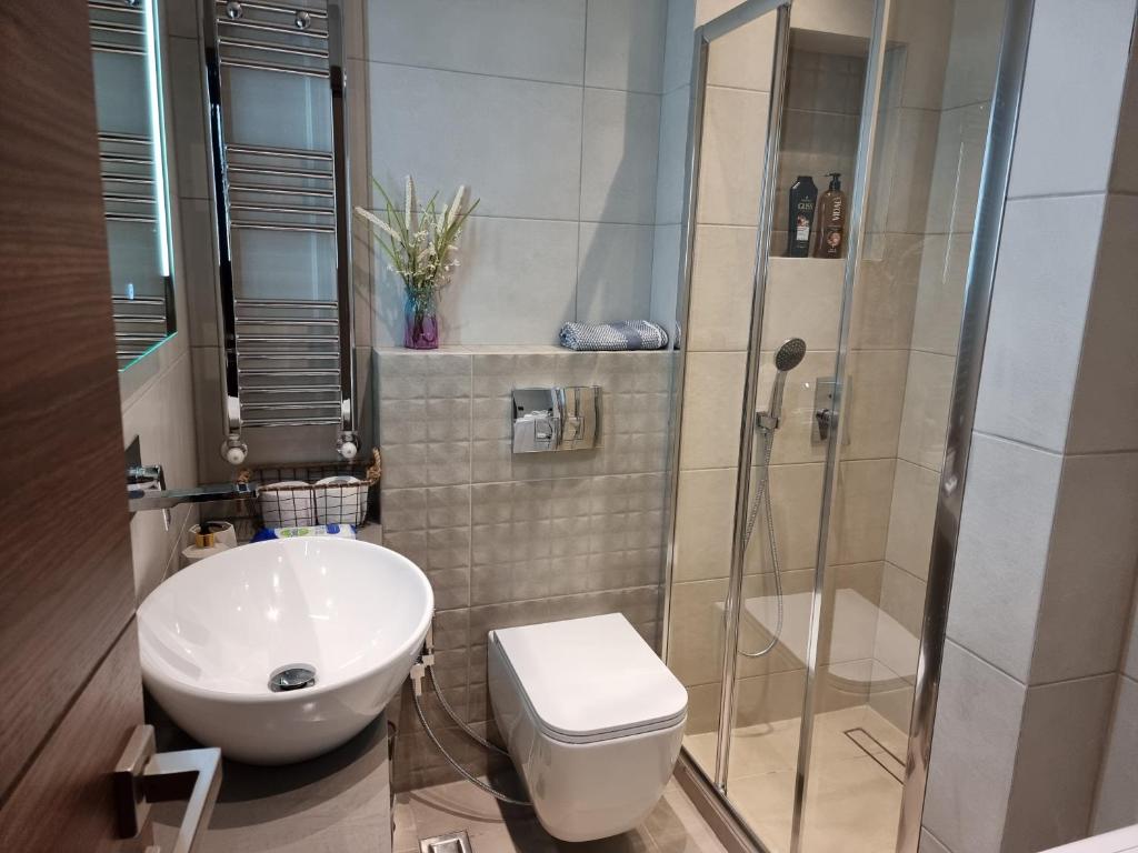 łazienka z prysznicem, toaletą i umywalką w obiekcie Iris City Center Premium Studio w Salonikach