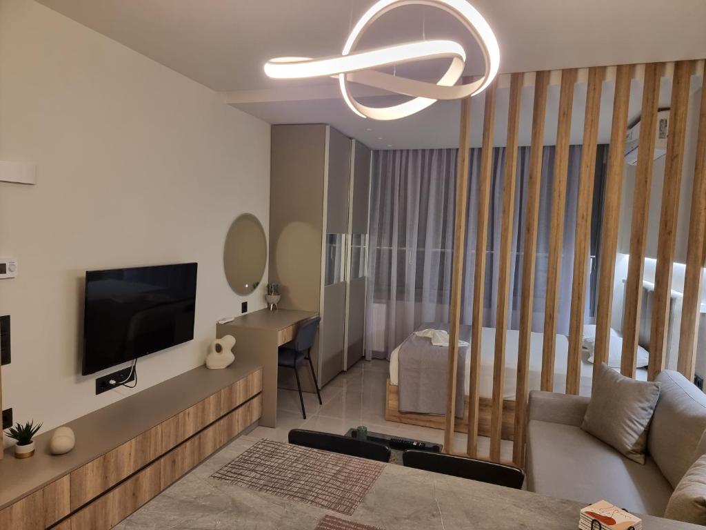 salon z kanapą i telewizorem w obiekcie Iris City Center Premium Studio w Salonikach